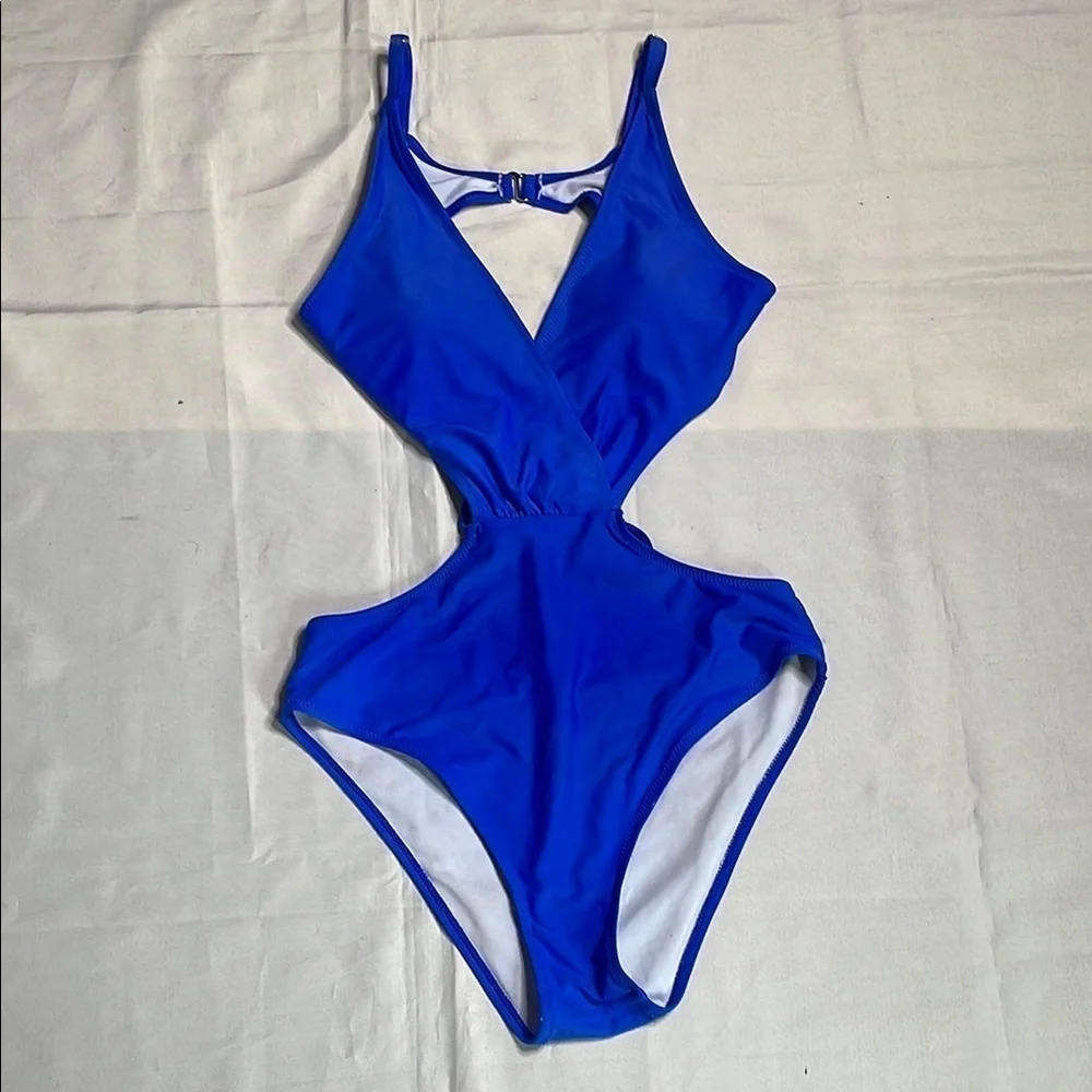Vibrant Blue Deep V-neck One-Piece Swimsuit